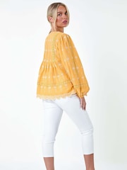 Roman Orange Embroidered 100% Cotton Smock Top - Image 3 of 5