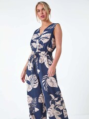 Roman Blue Tropical Leaf Print Pocket Jumpsuit - Image 1 of 5