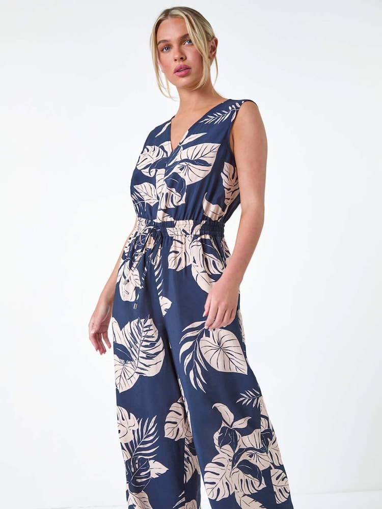Roman Blue Tropical Leaf Print Pocket Jumpsuit - Image 1 of 5