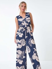 Roman Blue Tropical Leaf Print Pocket Jumpsuit - Image 2 of 5
