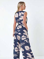 Roman Blue Tropical Leaf Print Pocket Jumpsuit - Image 3 of 5