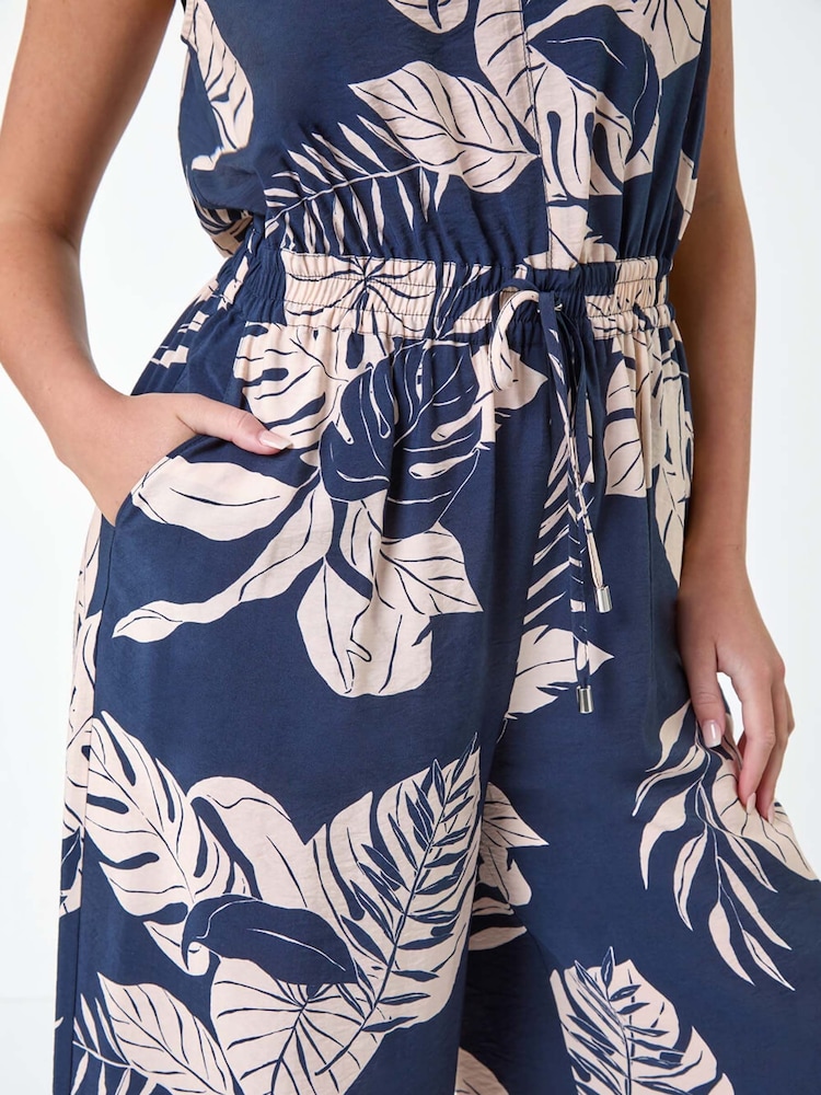 Roman Blue Tropical Leaf Print Pocket Jumpsuit - Image 5 of 5