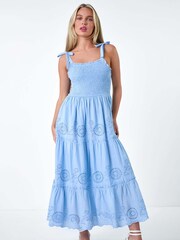 Albastru - Roman 100% Bumbac Broderie Tiered Rochie lungă - Imaginea 4 din 5