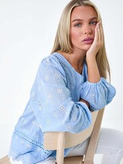Roman Blue Embroidered 100% Cotton Smock Top - Image 1 of 5