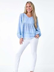 Roman Blue Embroidered 100% Cotton Smock Top - Image 2 of 5