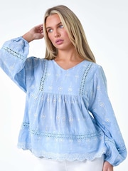 Roman Blue Embroidered 100% Cotton Smock Top - Image 4 of 5