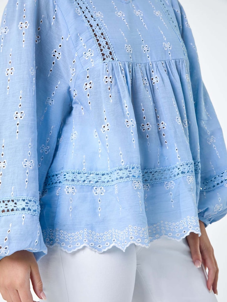 Roman Blue Embroidered 100% Cotton Smock Top - Image 5 of 5