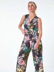 Roman Black Tropical Print Wrap Jumpsuit - Image 1 of 5
