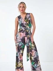 Roman Black Tropical Print Wrap Jumpsuit - Image 2 of 5