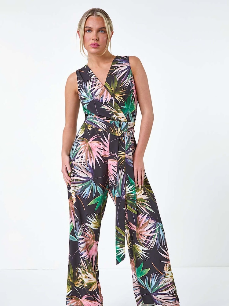 Roman Black Tropical Print Wrap Jumpsuit - Image 2 of 5