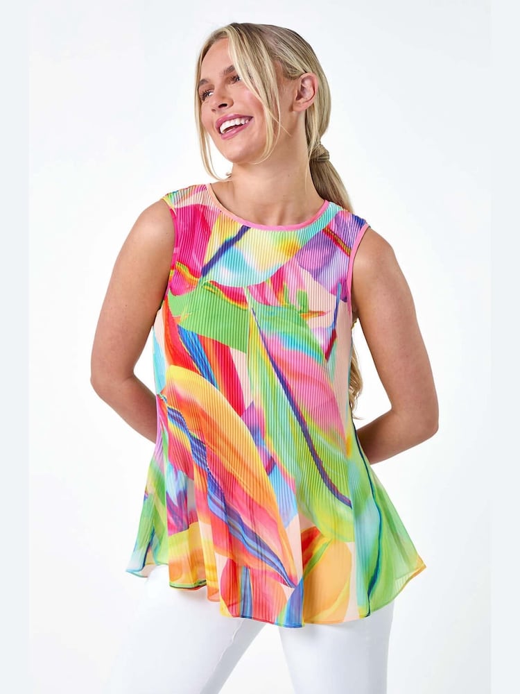 Roman Orange Abstract Pleated Vest Top - Image 1 of 5