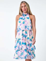 Roman White Abstract Tie Neck Tiered Dress - Image 1 of 5