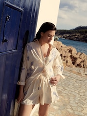 Cream/Blue 100% Cotton Embroidered Coord Pull On Shorts - Image 2 of 11