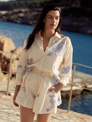 Cream/Blue 100% Cotton Embroidered Coord Pull On Shorts - Image 5 of 11