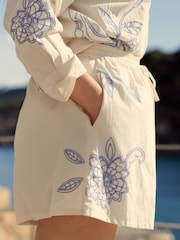 Cream/Blue 100% Cotton Embroidered Coord Pull On Shorts - Image 8 of 11