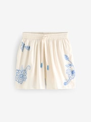 Cream/Blue 100% Cotton Embroidered Coord Pull On Shorts - Image 9 of 11