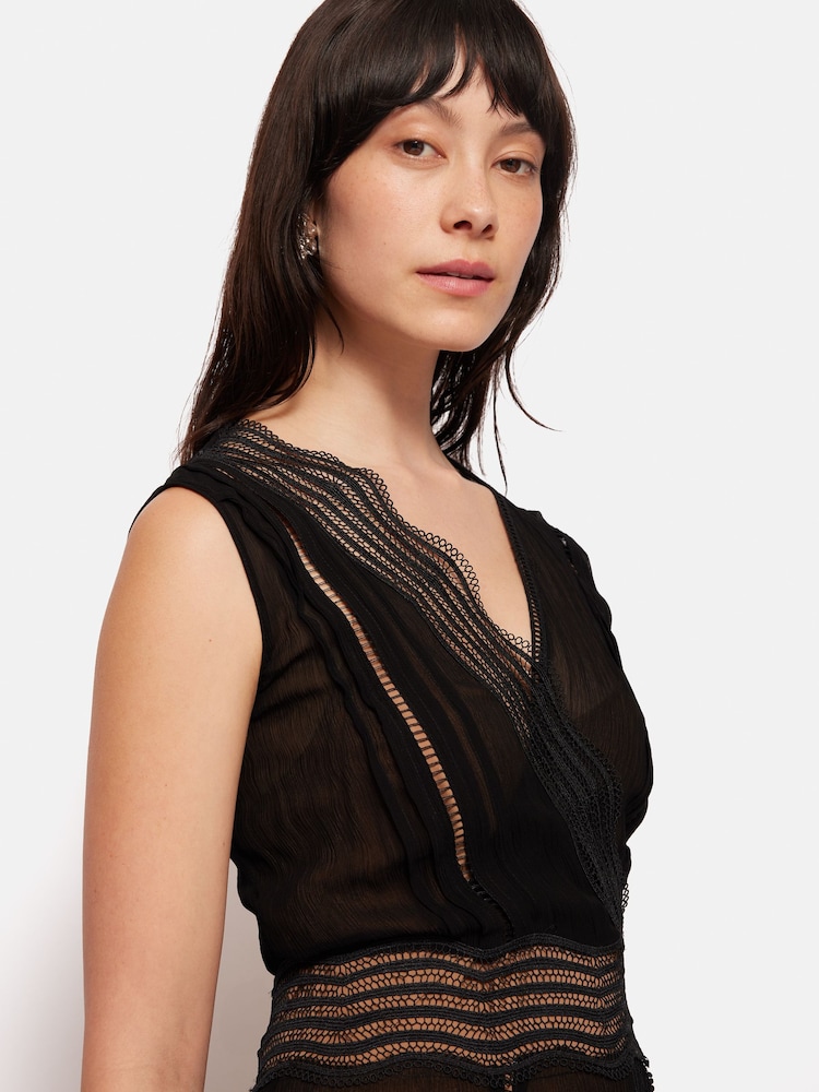 Jigsaw Black Crinkle Lace Trim Dress - Image 2 of 5 Jigsaw Black Crinkle Lace Trim Dress - Image 2 of 5