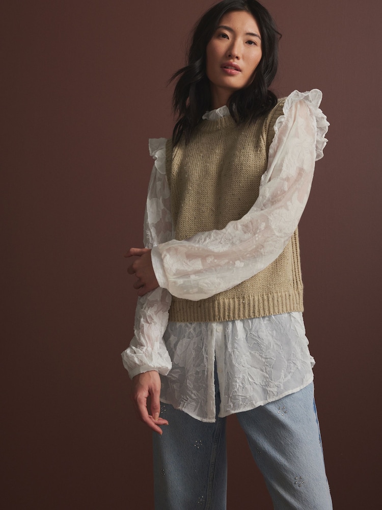 Green Sage Collared Shirt Layer Knitted Tank with Wool - Image 1 of 10