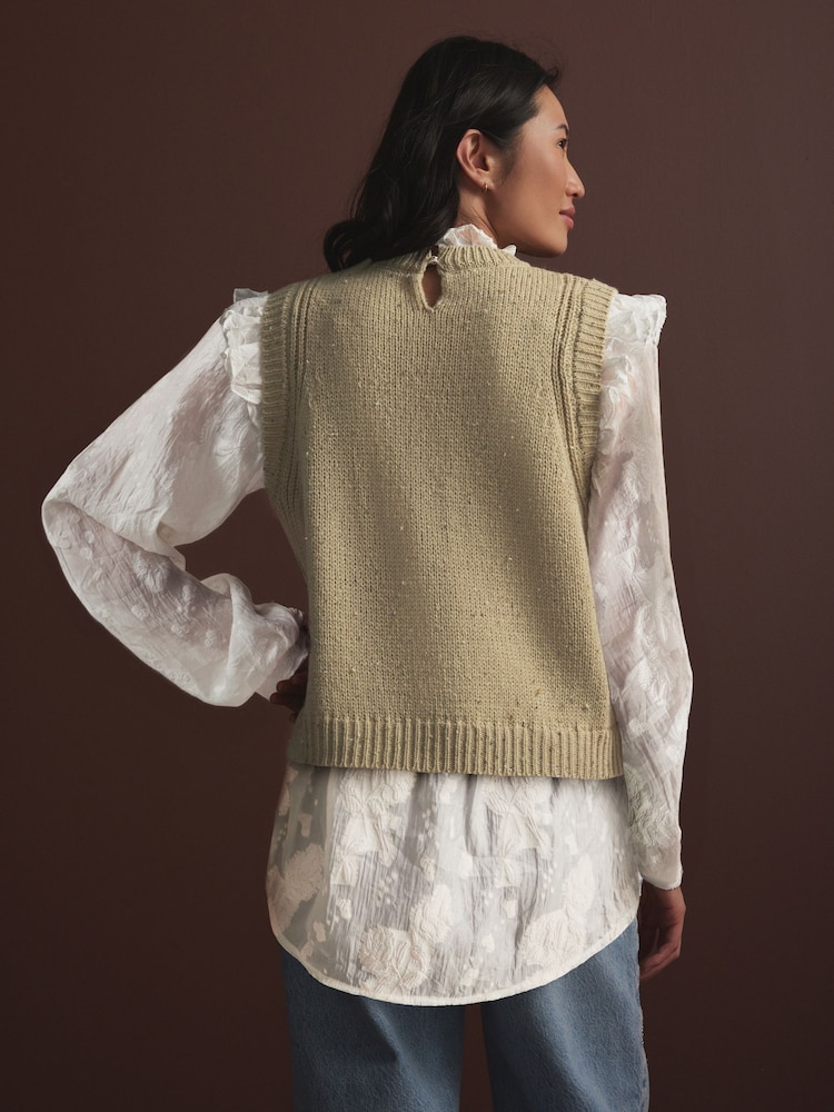 Green Sage Collared Shirt Layer Knitted Tank with Wool - Image 3 of 10