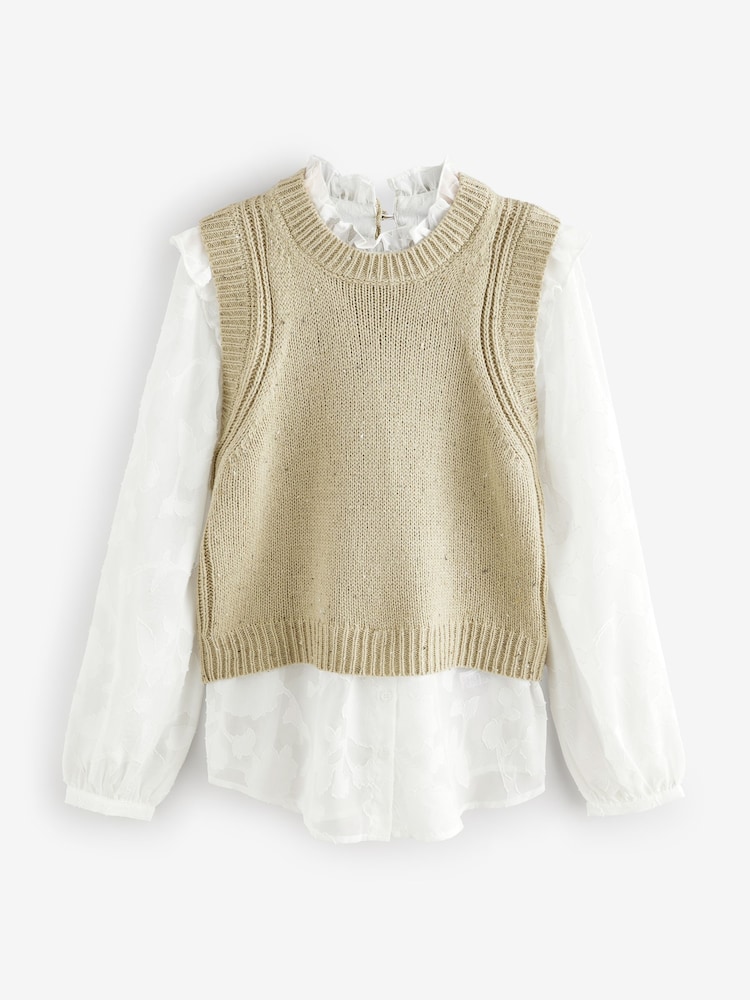 Green Sage Collared Shirt Layer Knitted Tank with Wool - Image 7 of 10