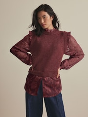 Red Berry Collared Shirt Layer Knitted Tank with Wool - Image 3 of 10