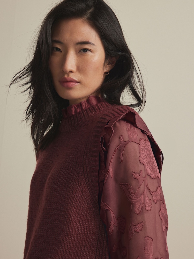 Red Berry Collared Shirt Layer Knitted Tank with Wool - Image 5 of 10