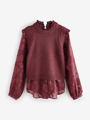 Red Berry Collared Shirt Layer Knitted Tank with Wool - Image 7 of 10