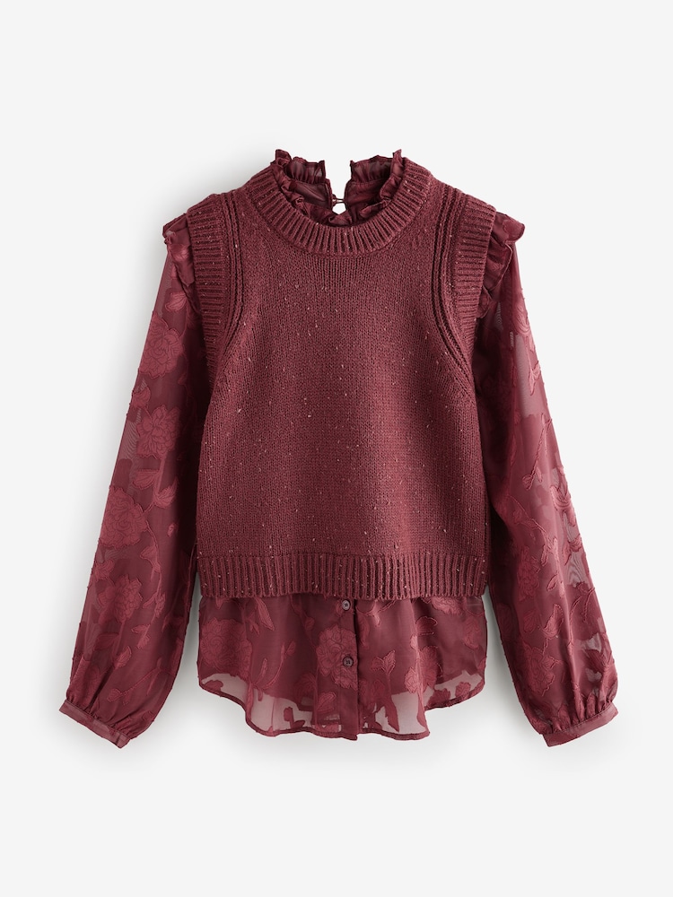Red Berry Collared Shirt Layer Knitted Tank with Wool - Image 7 of 10