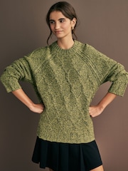 Green Khaki Olive Crew Neck Cable Knitted Jumper With Wool - Image 1 of 7