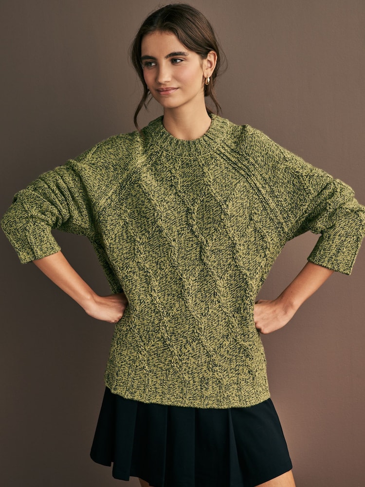 Green Khaki Olive Crew Neck Cable Knitted Jumper With Wool - Image 1 of 7