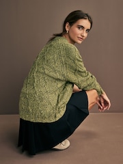 Green Khaki Olive Crew Neck Cable Knitted Jumper With Wool - Image 3 of 7