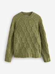 Green Khaki Olive Crew Neck Cable Knitted Jumper With Wool - Image 5 of 7