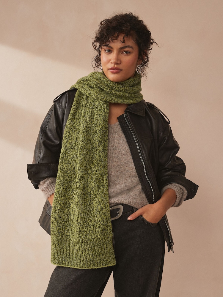 Green Khaki Olive Soft Touch Co-ord Cable Knitted Scarf with Wool - Image 1 of 6