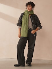 Green Khaki Olive Soft Touch Co-ord Cable Knitted Scarf with Wool - Image 3 of 6