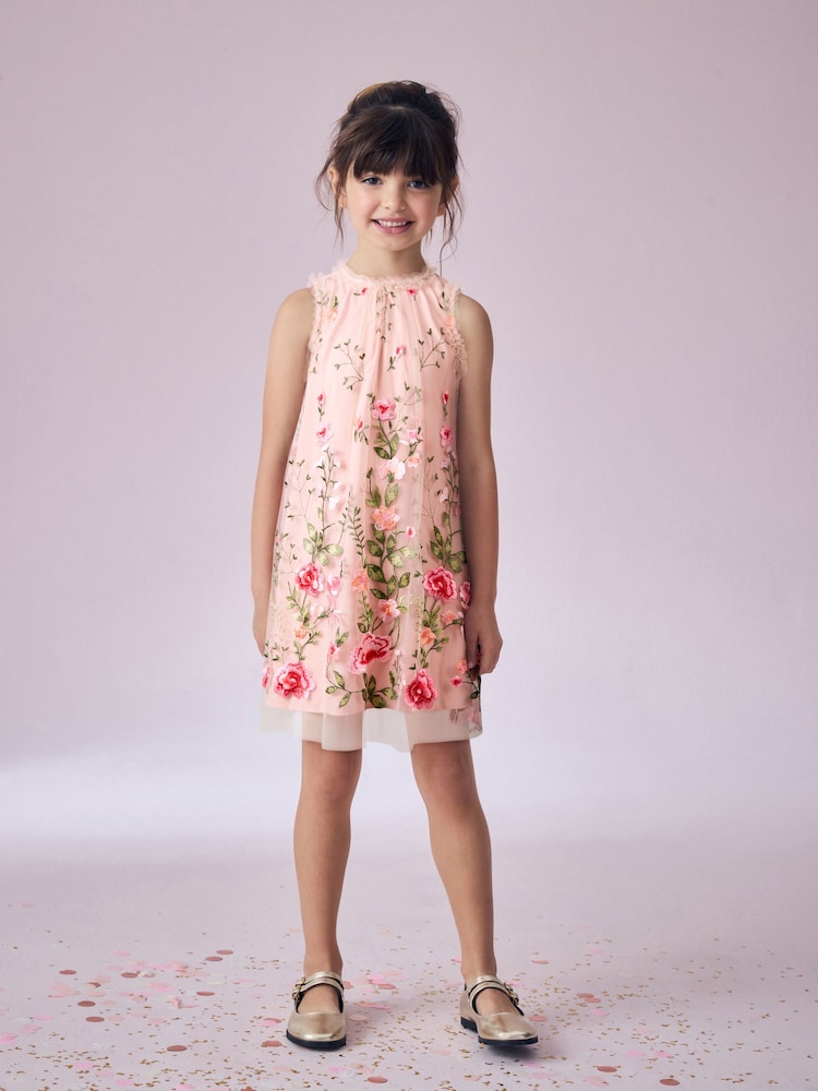Rosa - Vestido de malla bordado (3-16 años) - Imagen 1 de 8 Rosa - Vestido de malla bordado (3-16 años) - Imagen 1 de 8