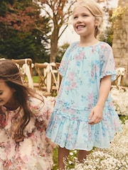 Blue Floral Angel Sleeve Chiffon Dress (3-16yrs) - Image 1 of 9