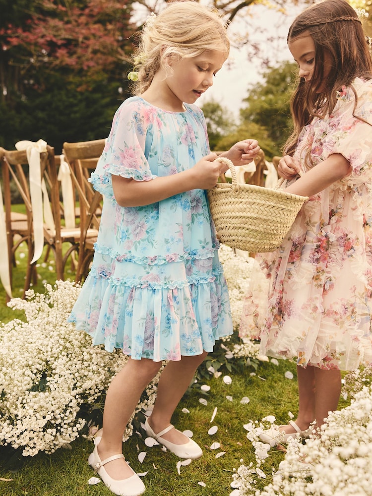 Blue Floral - Angel Sleeve Chiffon Dress (3-16yrs) - Image 2 of 9 Blue Floral - Angel Sleeve Chiffon Dress (3-16yrs) - Image 2 of 9