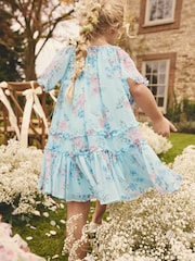 Blue Floral Angel Sleeve Chiffon Dress (3-16yrs) - Image 3 of 9