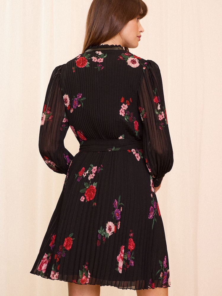 Love & Roses Black Floral PU Trim V Neck Pleated Mini Dress - Image 4 of 4