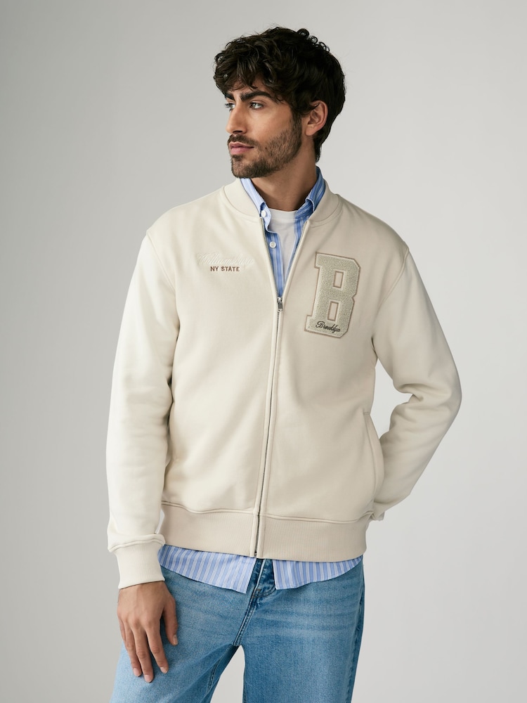 Ecru Zip Through Brooklyn Graphic Jersey Bomber - Image 1 of 9