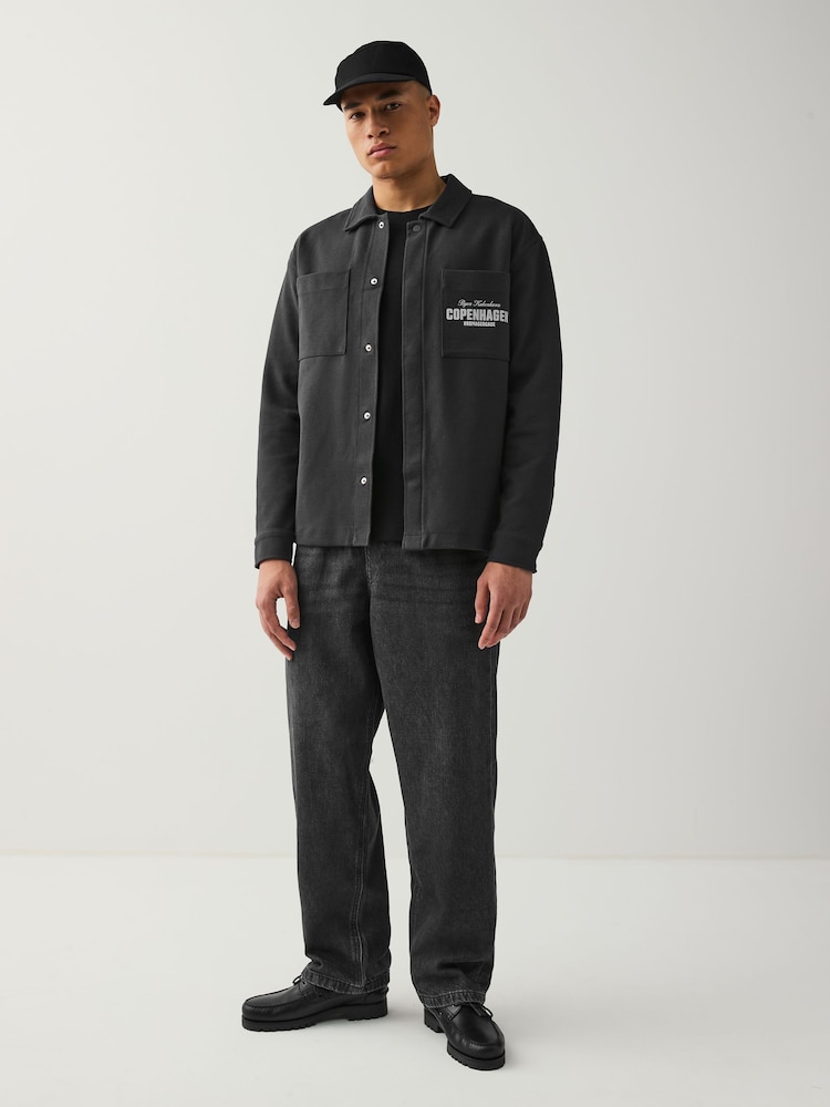 Slate Grey Embroidered Graphic Print Shacket - Image 3 of 9