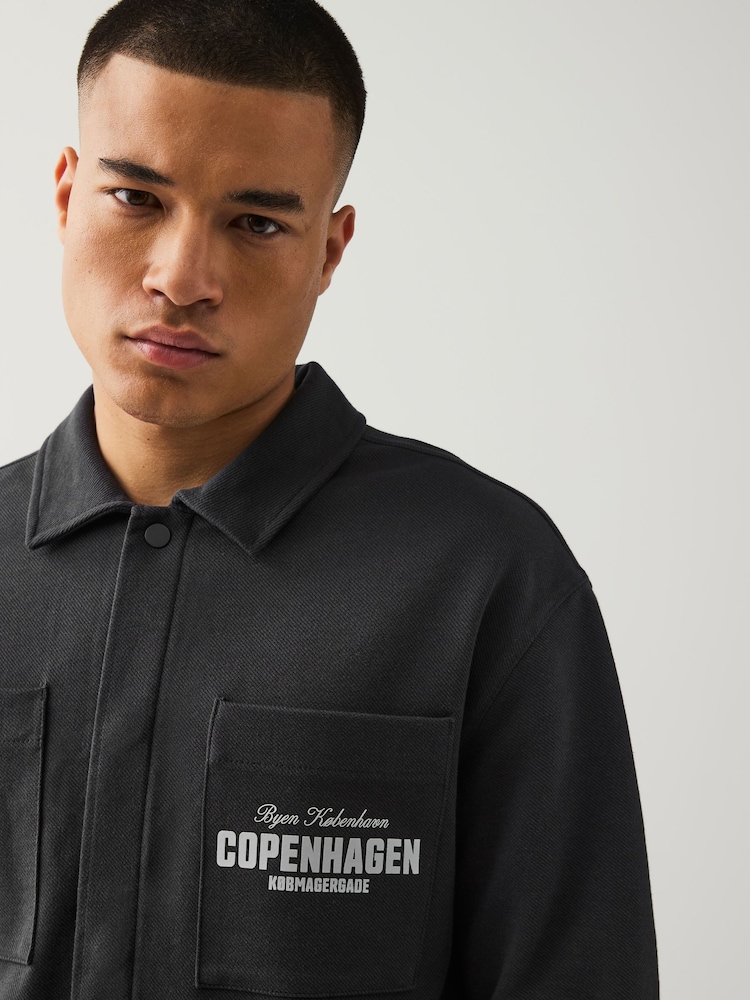 Slate Grey Embroidered Graphic Print Shacket - Image 4 of 9