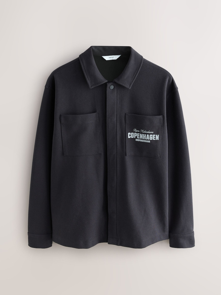 Slate Grey Embroidered Graphic Print Shacket - Image 6 of 9