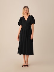 Ro&Zo Black Linen Blend Puff Sleeve V-Neck Midi Dress - Image 1 of 3