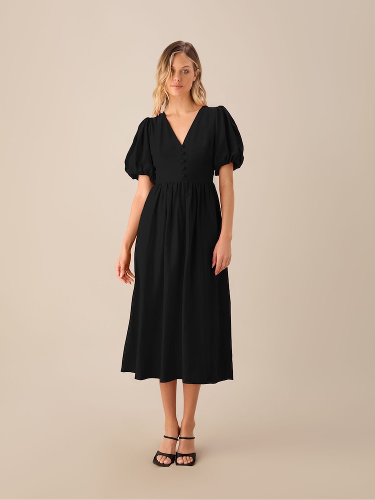 Ro&Zo Black Linen Blend Puff Sleeve V-Neck Midi Dress - Image 1 of 3
