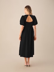 Ro&Zo Black Linen Blend Puff Sleeve V-Neck Midi Dress - Image 2 of 3
