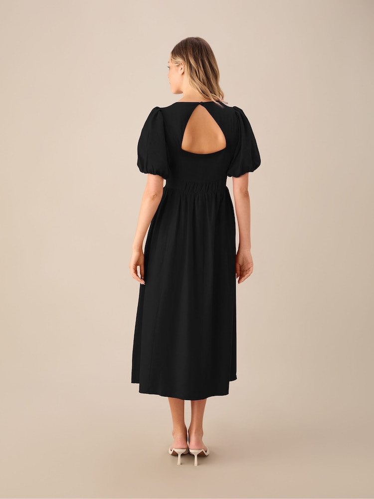 Ro&Zo Black Linen Blend Puff Sleeve V-Neck Midi Dress - Image 2 of 3