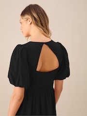 Ro&Zo Black Linen Blend Puff Sleeve V-Neck Midi Dress - Image 3 of 3