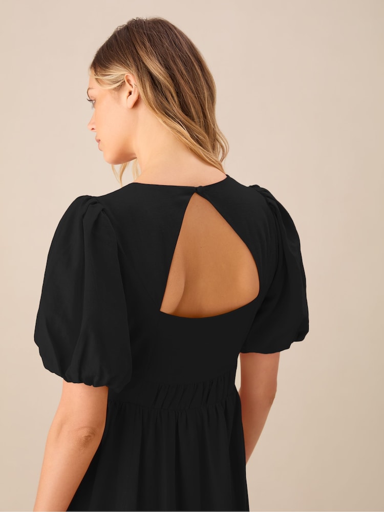 Ro&Zo Black Linen Blend Puff Sleeve V-Neck Midi Dress - Image 3 of 3