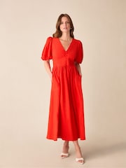 Ro&Zo Red Petite Petite Linen Blend Puff Sleeve V-Neck Midi Dress - Image 1 of 4